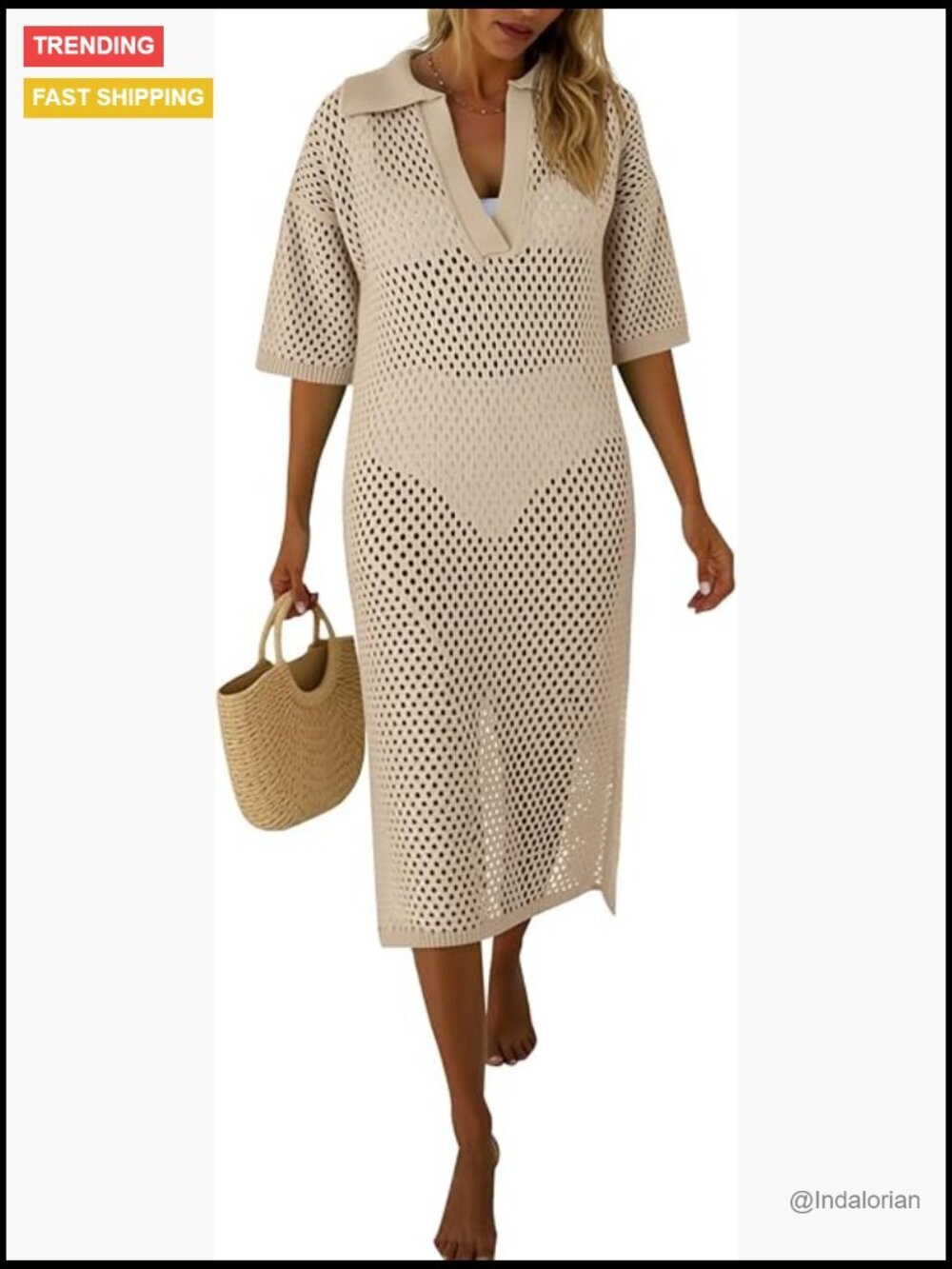 Women's Crochet Knit Hollow Out Swimsuit Coverup Maxi Dress V Neck Short Sleeve